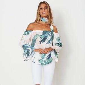 White Fox Boutique off shoulder palm print top